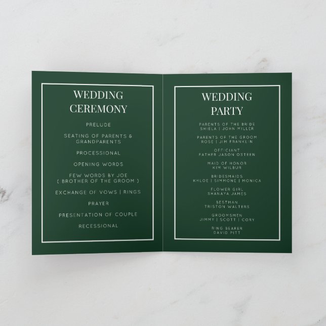 Tarjeta de programa de boda plegable verde esmeral (Interior)