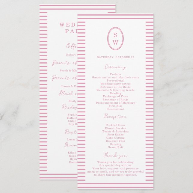 Tarjeta de Programa de Boda Rosa Preppy Peony Chic (Anverso / Reverso)