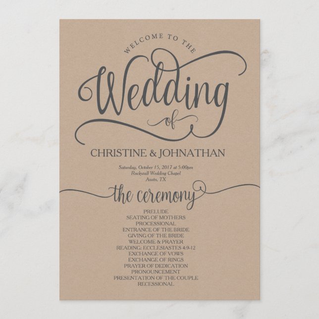 Tarjeta de programa de boda rústica de diseño de c (Anverso)