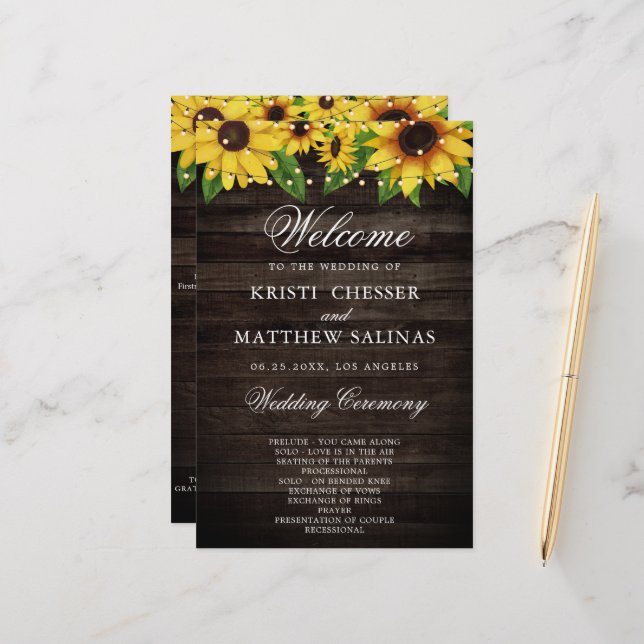 Tarjeta de programa de boda Sunflower Wood String 