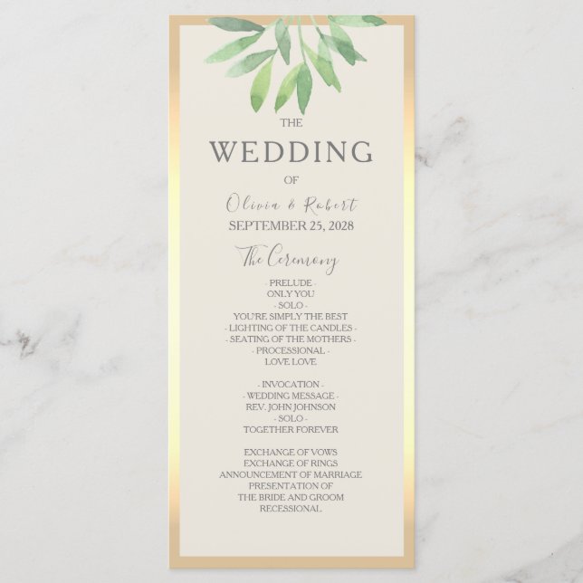 Tarjeta de Programa de Boda Verde Dorado (Anverso)