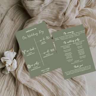 Tarjeta de programa de boda verde salvia editable