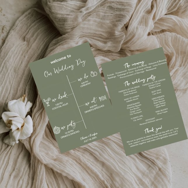 Tarjeta de programa de boda verde salvia editable (Subido por el creador)