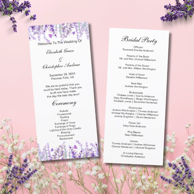 Tarjeta de programa de bodas botánicas florales de (Lavender Botanical Floral Watercolor Wedding Program Card- Front and Back)