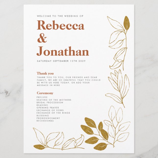 Tarjeta de programa de bodas con barro de oro de h (Anverso)