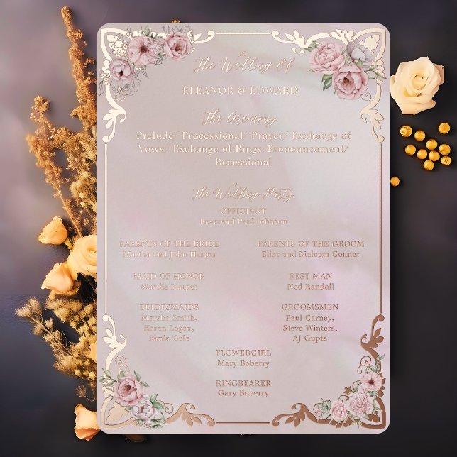 Tarjeta de Programa de Bodas con Hojas de Oro Rosa (Subido por el creador)