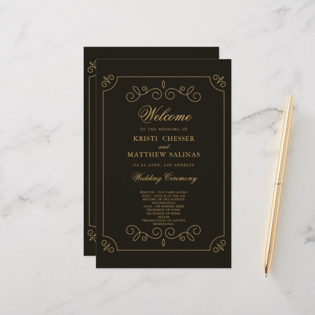 Tarjeta de programa de bodas de marco dorado negro (Anverso/Reverso In Situ)
