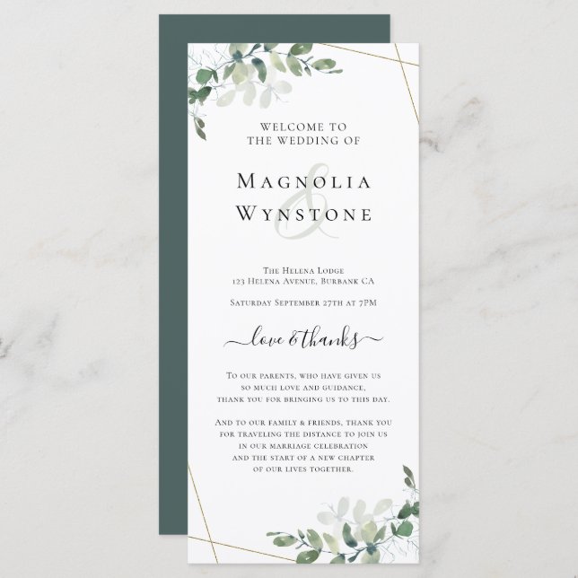 Tarjeta de programa de bodas Eucalyptus Greenery (Anverso / Reverso)