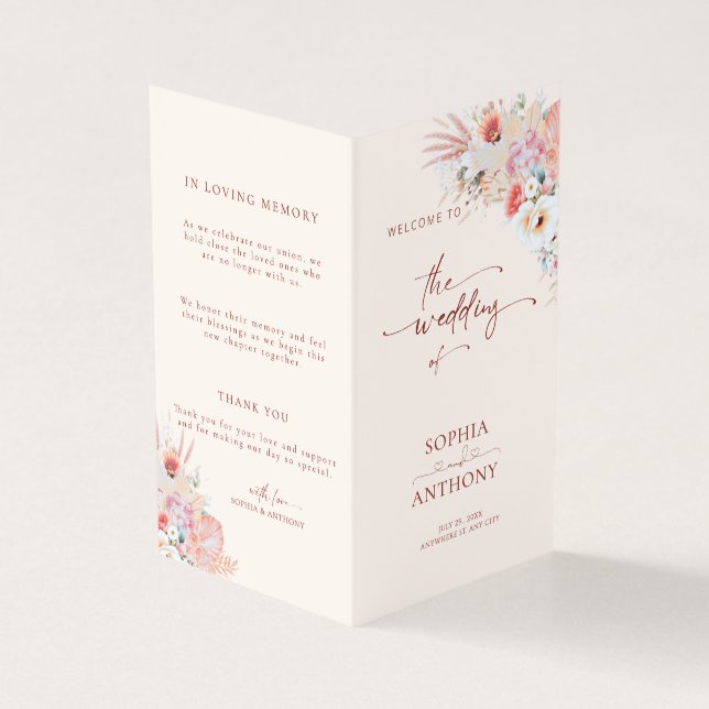 Tarjeta de programa de bodas florales de Rubor Pea (Exterior)