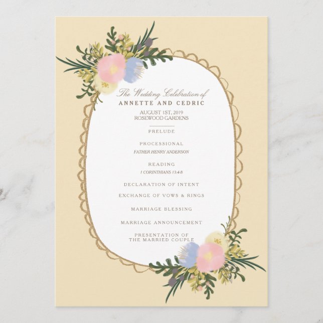 Tarjeta de programa de bodas florales de silueta v (Anverso)