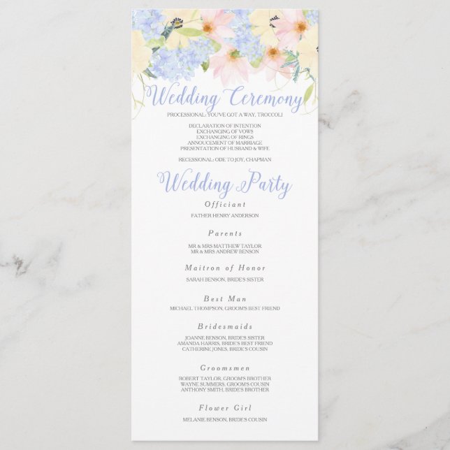 Tarjeta de programa de casamiento con flores rosad (Anverso)