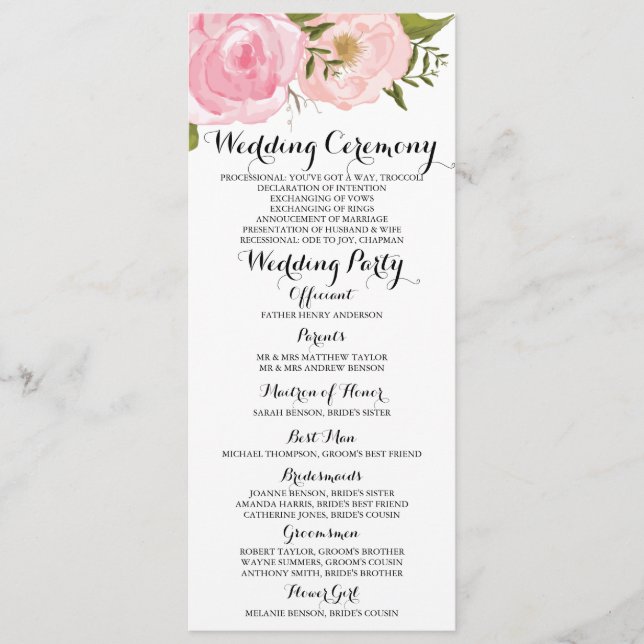 Tarjeta de programa de casamiento con flores rosad (Anverso)