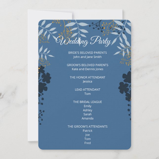 Tarjeta de programa de ceremonia botánica azul ele (Anverso)