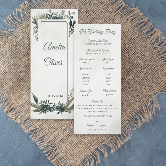 Tarjeta de programa de ceremonia de boda de vegeta (Elegant Botanical Greenery Wedding Program Card | Sage Green Foliage Ceremony Program)