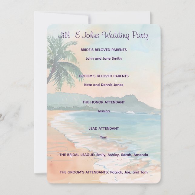 Tarjeta de programa de ceremonia de boda en playa  (Anverso)