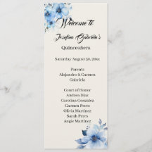 Tarjeta de programa de doble cara azul de Quinceañ