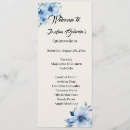 Tarjeta de programa de doble cara azul de Quinceañ
