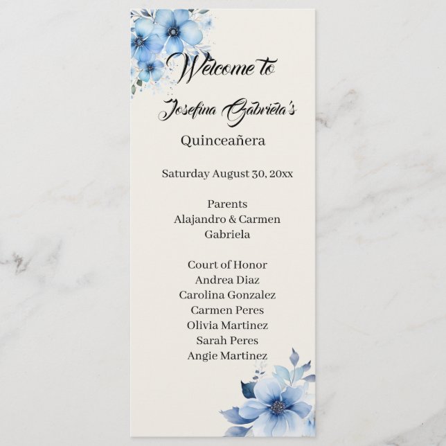 Tarjeta de programa de doble cara azul de Quinceañ (Anverso)
