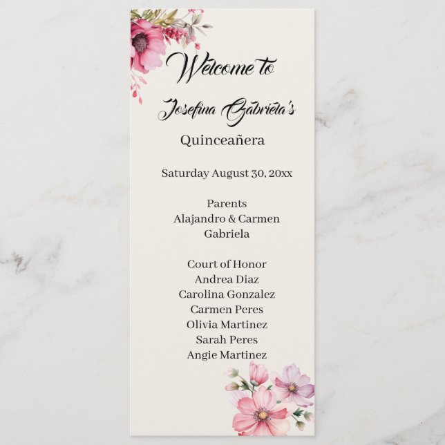 tarjeta de programa de doble cara rosa Quinceanera (Anverso)