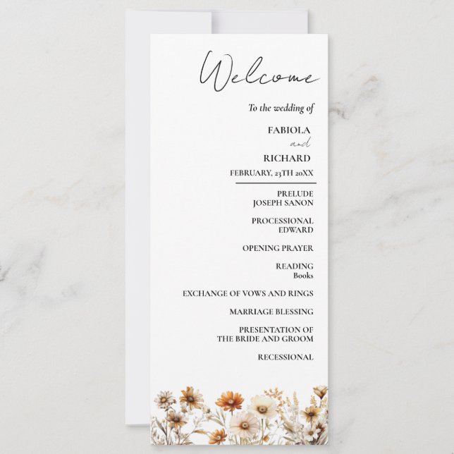 Tarjeta de programa de matrimonio con flores silve (Anverso)