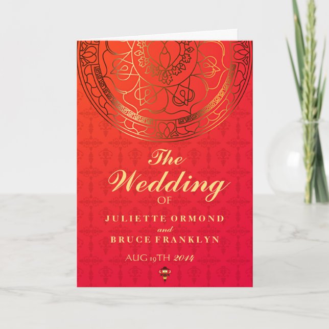 Tarjeta de programa de matrimonio de Damask naranj (Anverso)