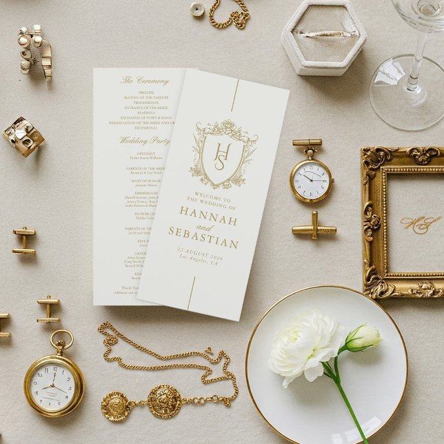 Tarjeta de programa de matrimonio de Escudo de Vin (Old Money Vintage Crest Wedding Program)