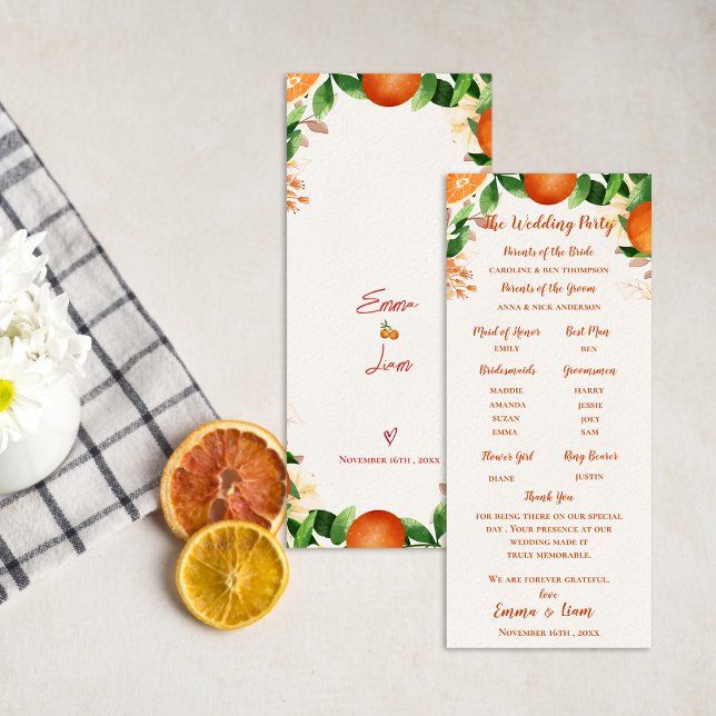 Tarjeta de programa de matrimonio de Naranjas por  (Order of Ceremony Orange Wedding Program Card)