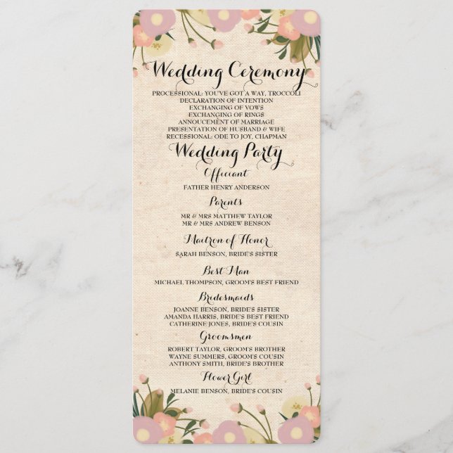 Tarjeta de programa de matrimonio floral de color  (Anverso)