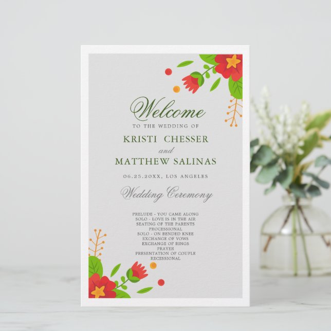 Tarjeta de programa de matrimonio floral simple mi (Anverso de pie)