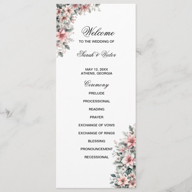 Tarjeta de programa doble cara de Poinsettia rosa (Anverso)