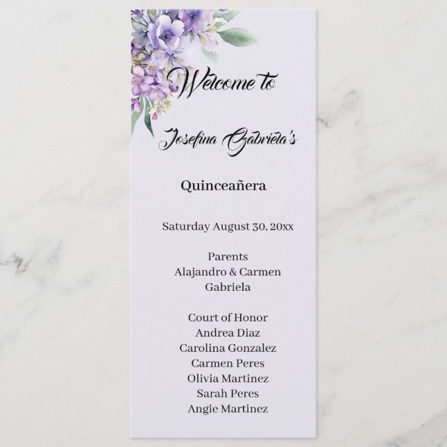 Tarjeta de programa doble de quinceañera lavanda (Anverso)