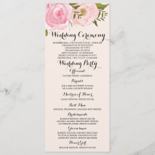 Tarjeta de programa floral de la boda del rosa