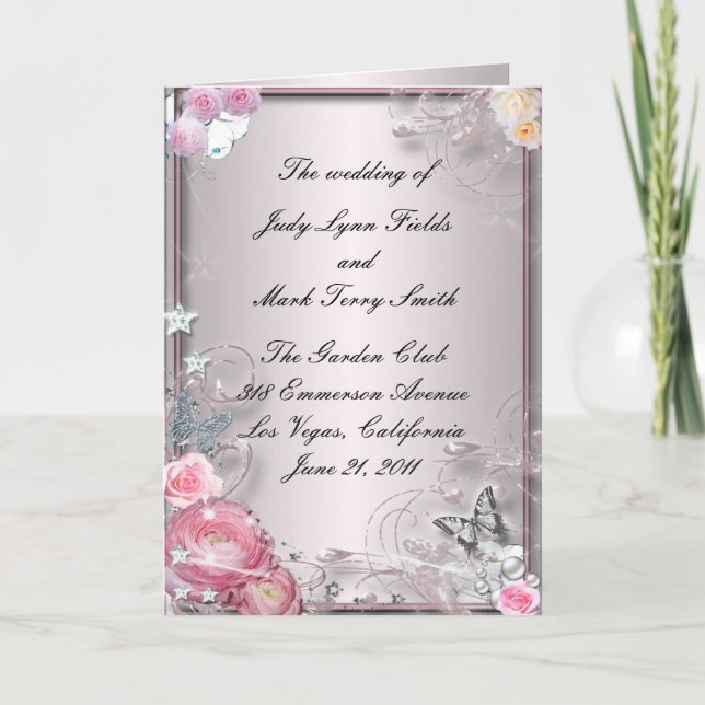 Tarjeta de programa floral y de mariposa rosa (Anverso)
