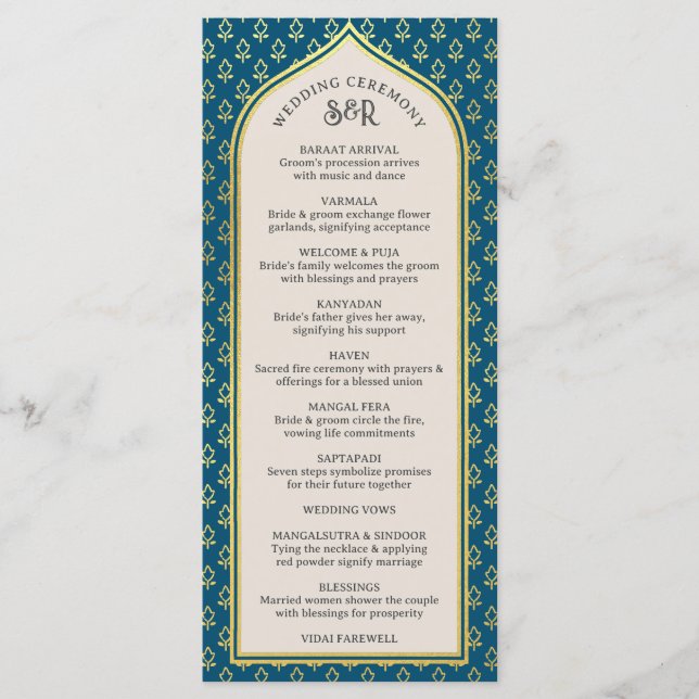 Tarjeta de programa Gold Floral Indian & Hindu Wed (Anverso)