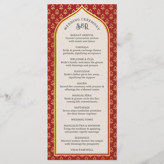 Tarjeta de programa Gold Floral Indian & Hindu Wed (Anverso)