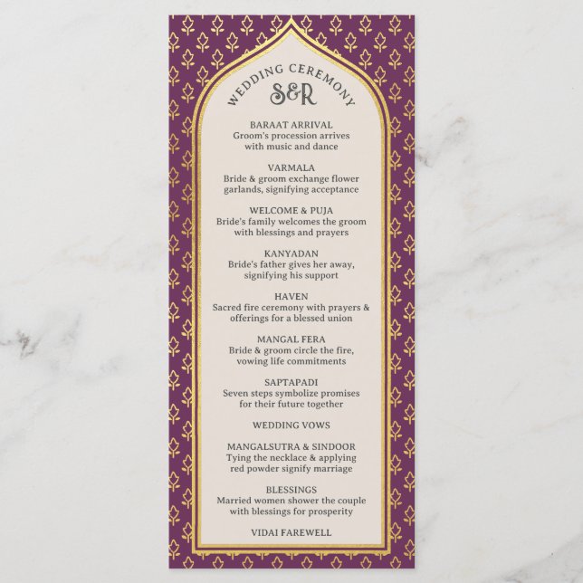 Tarjeta de programa Gold Floral Indian & Hindu Wed (Anverso)