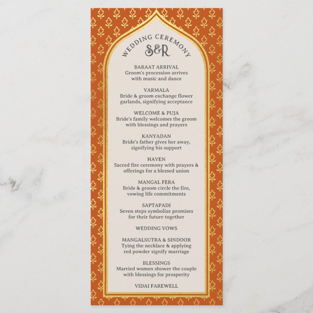 Tarjeta de programa Gold Floral Indian & Hindu Wed (Anverso)