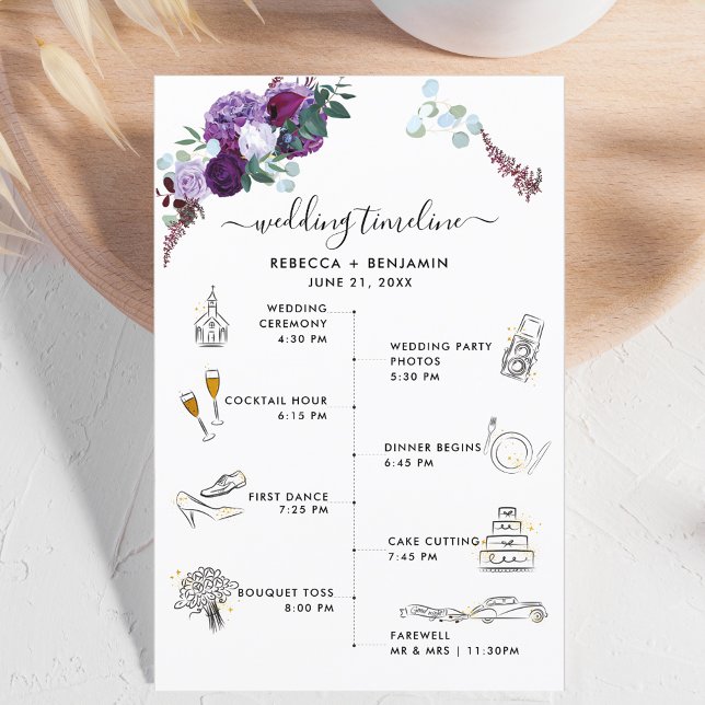 Tarjeta de programa Itinerary Icons Boda Morado Fl (Purple Floral Wedding Program Itinerary)