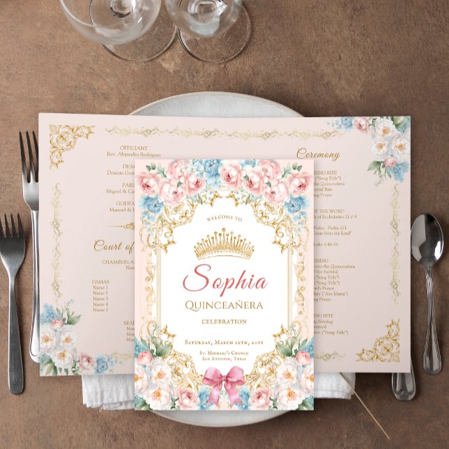 Tarjeta de programa Quinceanera floral de color ro (Classy Pink Blue Floral Quinceanera Program Card)