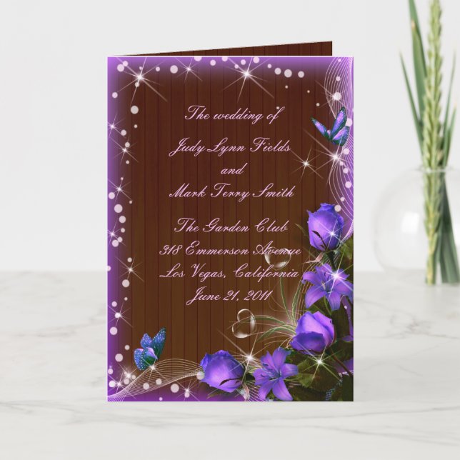 Tarjeta de programa Rustic Dark Wood Purple Floral (Anverso)