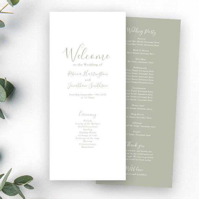 Tarjeta de programa Sage Green Modern Elegant Wedd (Subido por el creador)