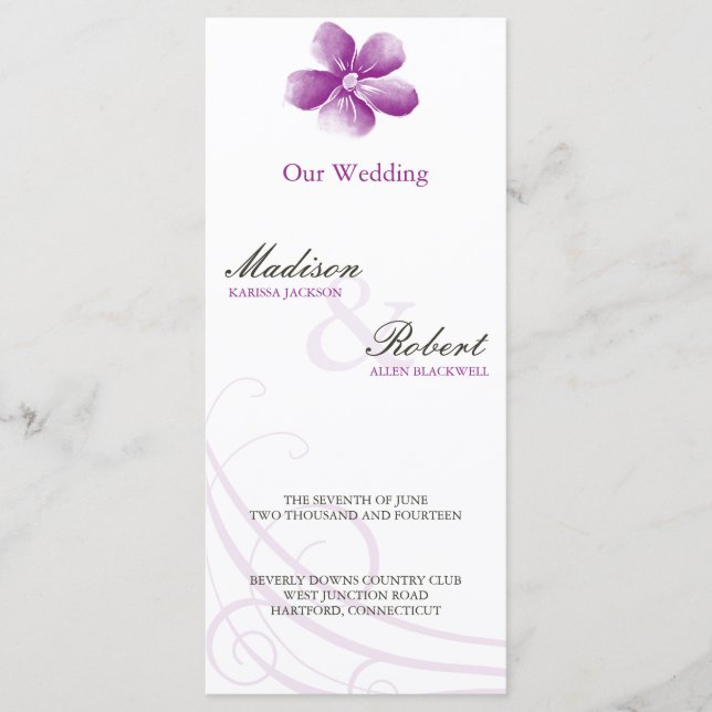 Tarjeta de programa Watercolor Púrpura Wedding (Anverso)