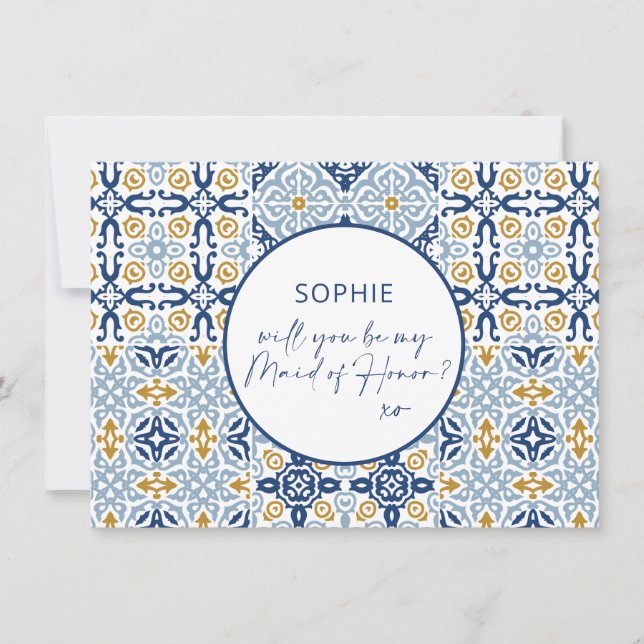 Tarjeta de propuesta Amalfi Blue Tile Maid of Hono (Anverso)