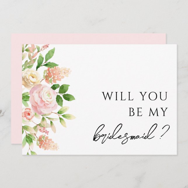 Tarjeta de propuesta de Bridesmaid Pink Rose Green (Anverso / Reverso)