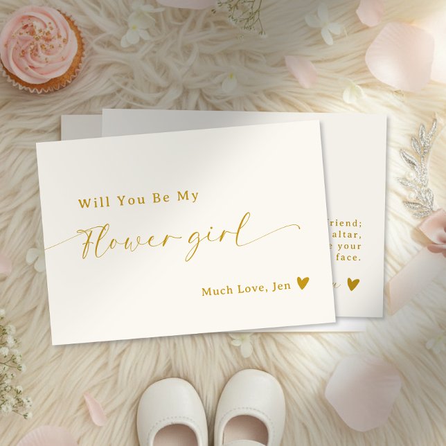 Tarjeta de propuesta de chica de Flor con guión de (Creamy White Gold Script Flower Girl Proposal Card)