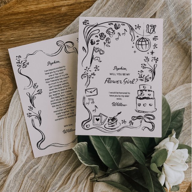 Tarjeta de propuesta de chica de flor dibujada a m (flower girl proposal card)