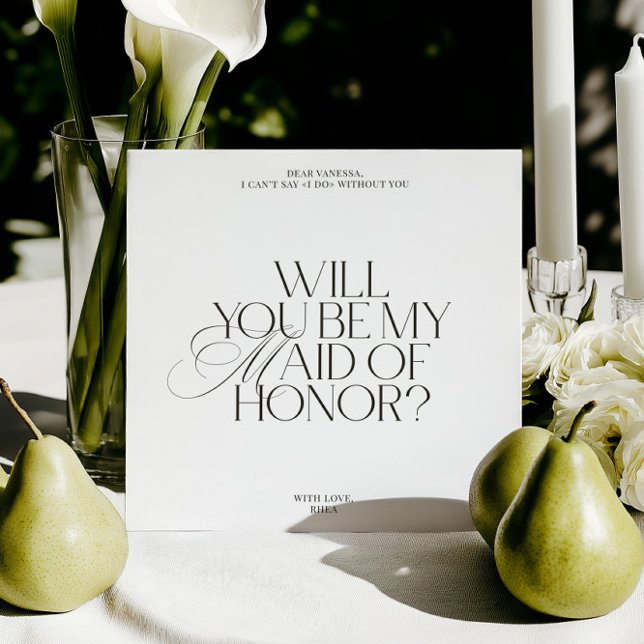 Tarjeta de propuesta de dama de honor blanca elega (Modern Elegant White Maid of Honor Proposal Card)