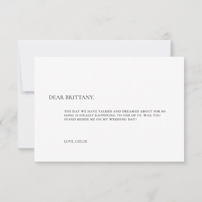 Tarjeta de propuesta de dama de honor blanca elega (Reverso)