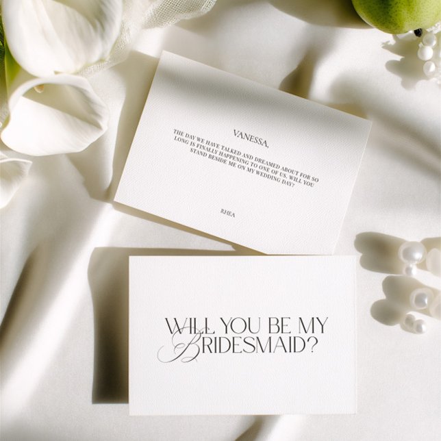Tarjeta de propuesta de dama de honor blanca moder (Elegant Modern White Bridesmaid Proposal Card)