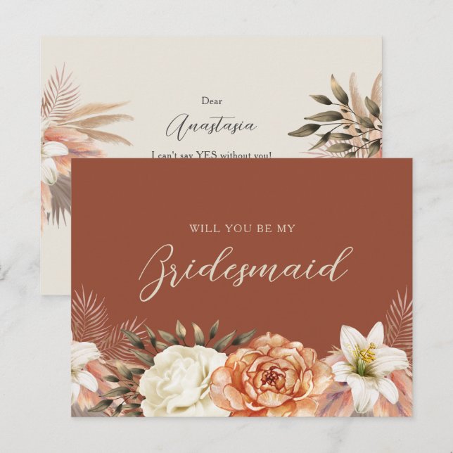 Tarjeta de propuesta de dama de honor boho de otoñ (Anverso / Reverso)